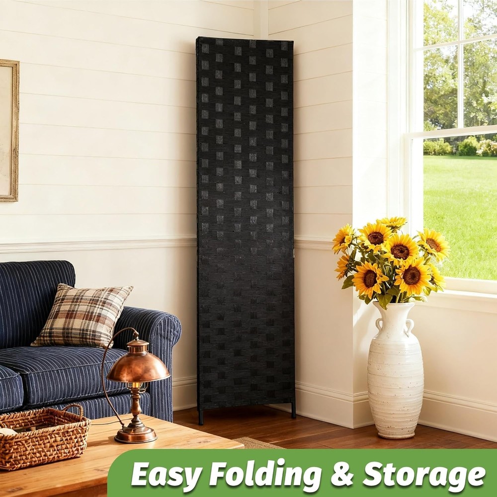Versatile 4-Panel Folding Wood Divider | Modern Coal Black Woven Privacy Screen