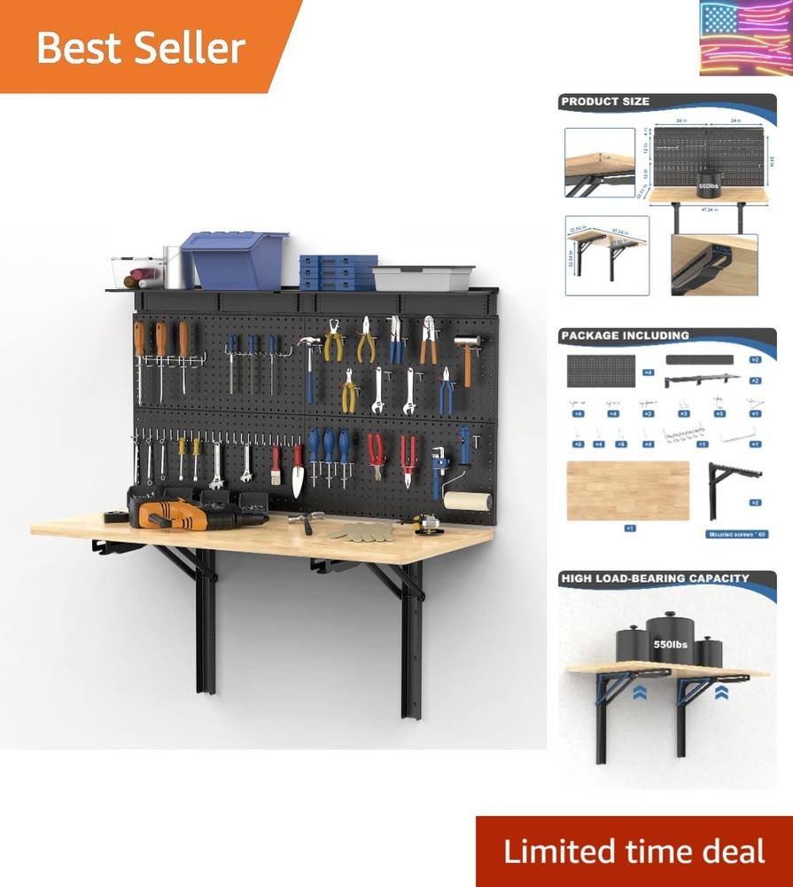 Wall Mounted Workbench with Pegboard, Folding Down Work Table Metal Pegboard ...