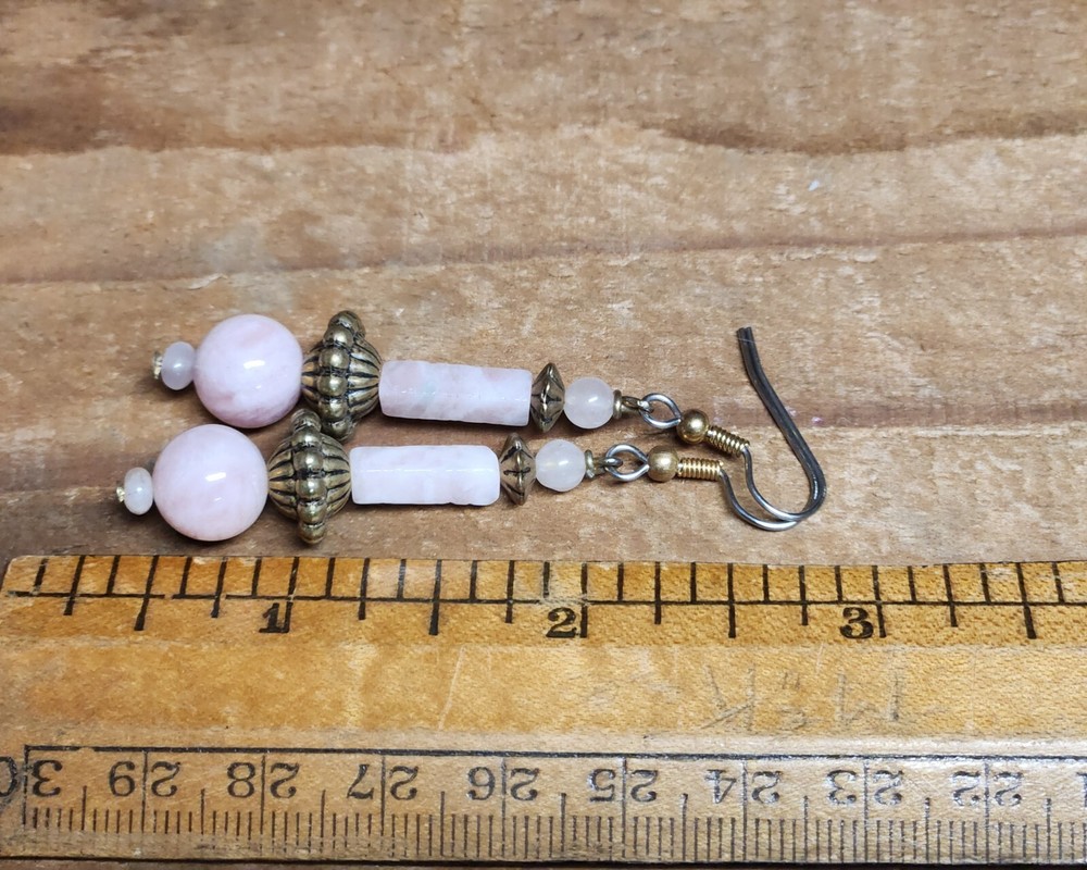 Rose Quartz and Gold Beaded Dangle Earrings