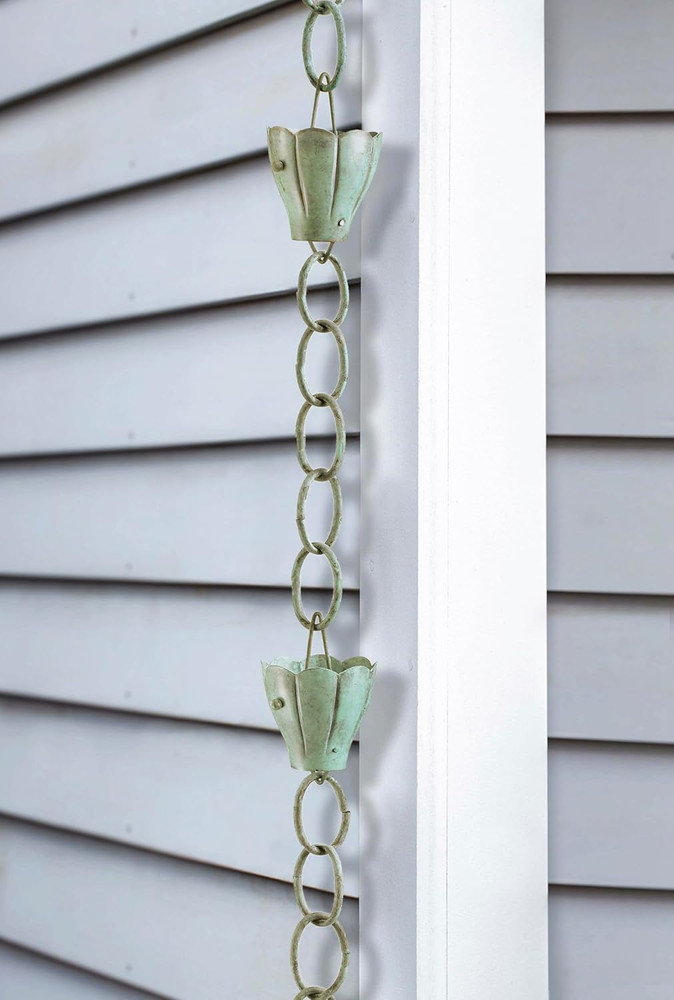 Crocus Rain Chain 8.5ft with Large Cups - 100% Blue Verde Copper