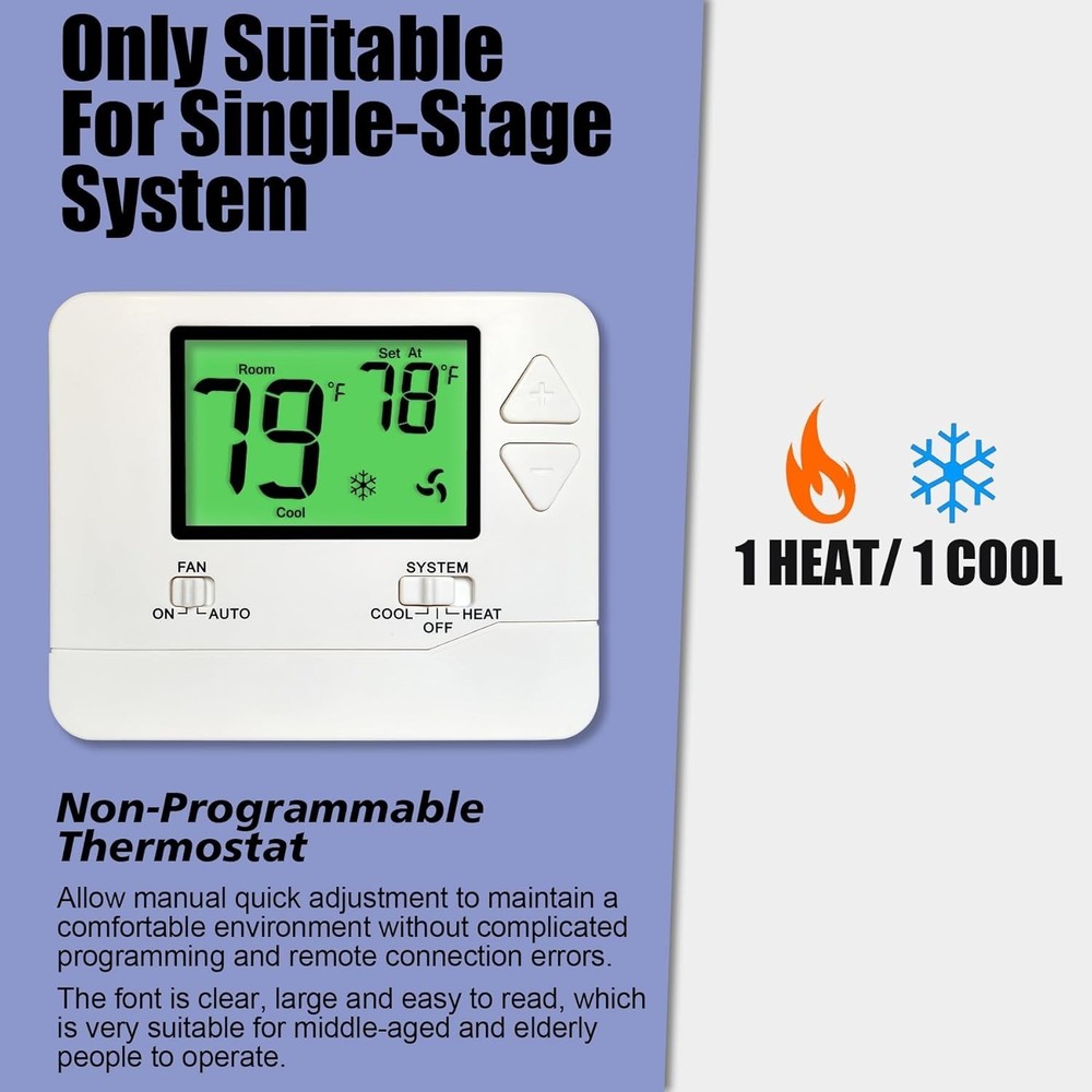 Non-Programmable Thermostat for Single-Stage HVAC Systems with Green Backlight