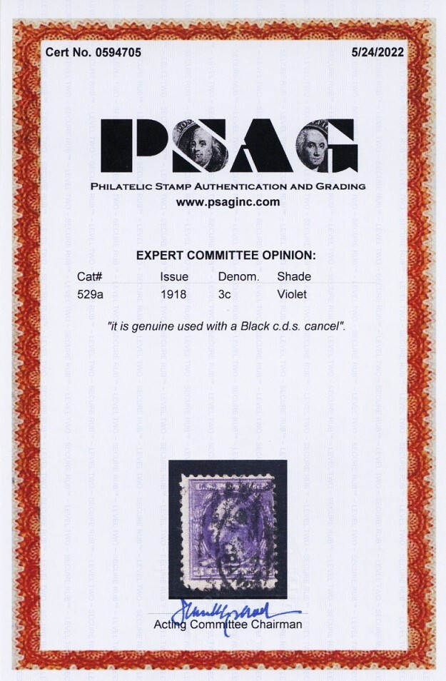 529a, Used 3¢ With RARE Double Impression Error - With PSAG Cert * Stuart Katz