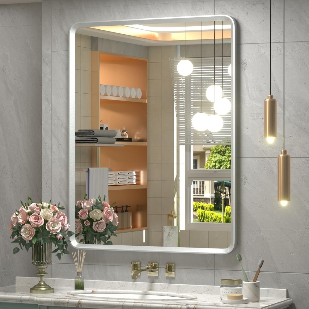 24x32 Silver Bathroom Mirror, Silver Vanity Mirror for Wall, Rounded Rectangl...
