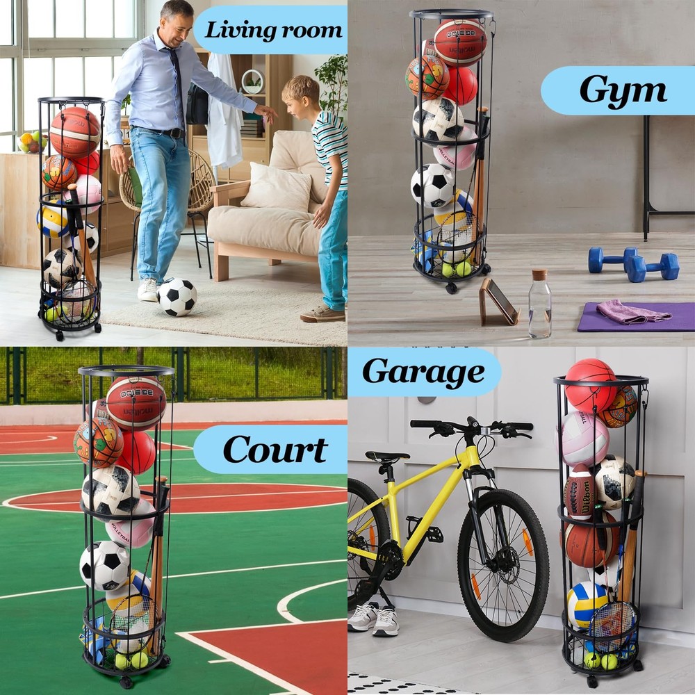 Upgrated Ball Storage Rack with Small Bottom Ball Holder, 3 Adjustable Elasti...