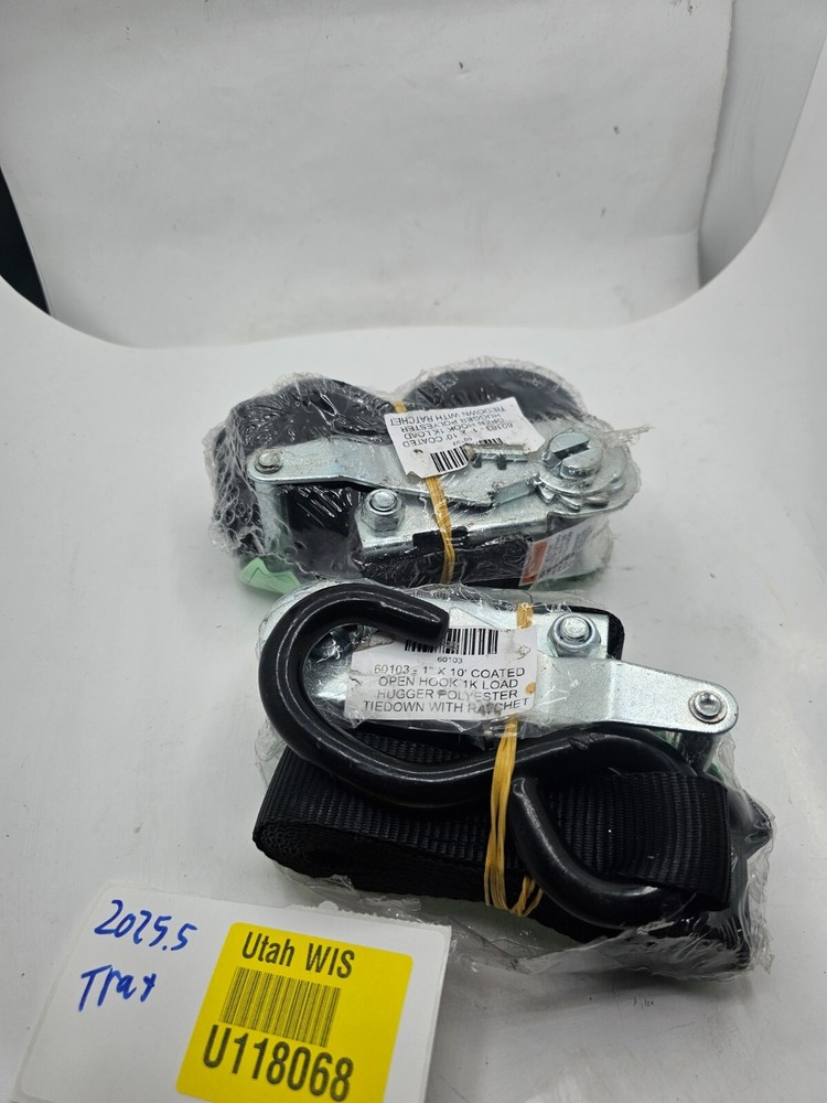 (QTY 2) Open Hook 1K Load Hugger Tie Down w Ratchet Polyester 1" x 10' 60103
