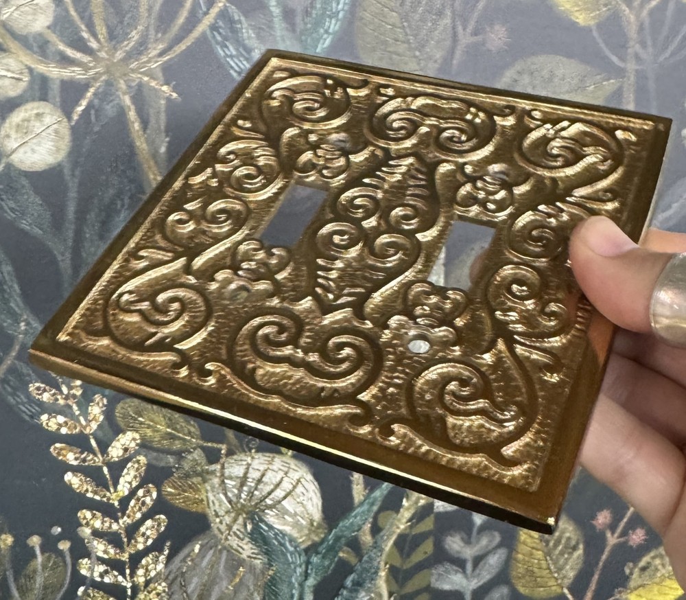 Vintage Brass DOUBLE Toggle Plate Light Switch COVER Scrolled Raised Design