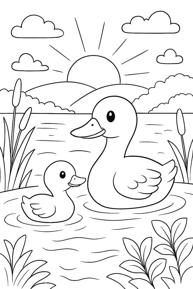 Swimming Duck Coloring Page for Kids Digital Image