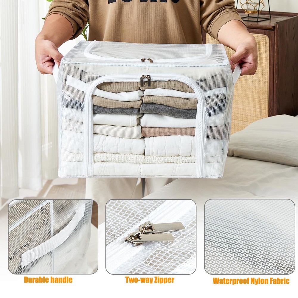Clear Stackable Clothes Storage Bins with Metal Frame, Foldable Storage with ...
