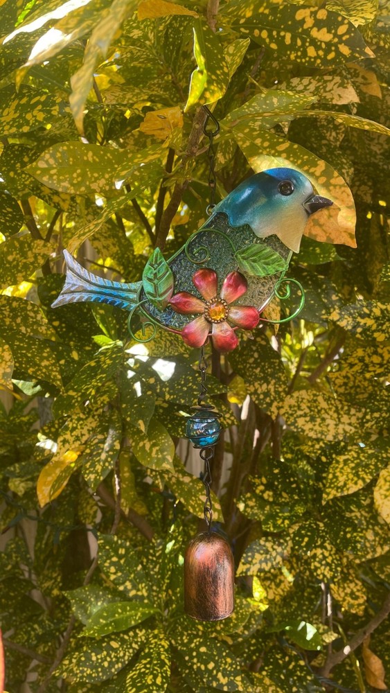 Hanging Blue Bird Sculpture with Bell