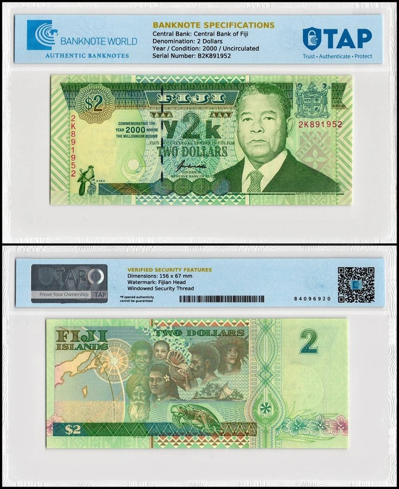 Fiji 2 Dollars, 2000, P-102, UNC, Commemorative, TAP Authenticated