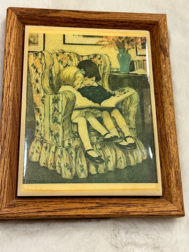 Framed Ceramic Tile Reading Hour 1920s Good Housekeeping Image