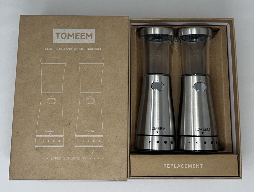 Electric Salt and Pepper Grinder Set with Storage Base, Bright Silver