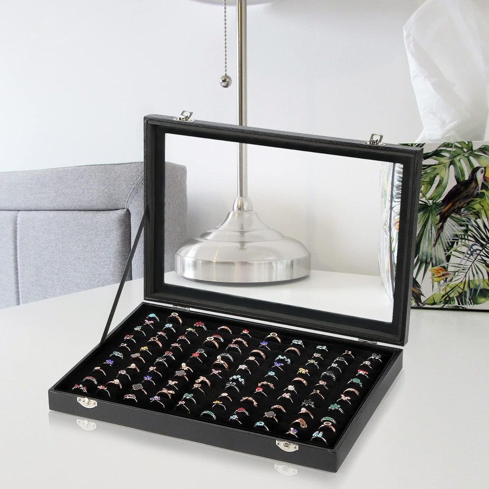 Ring Display Case Organizer Box with Clear Lid 100 Slot Black