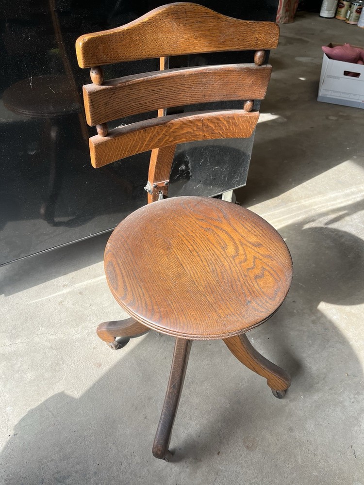 Antique Oak Small Adjustable Office Chair/Vanity Stool