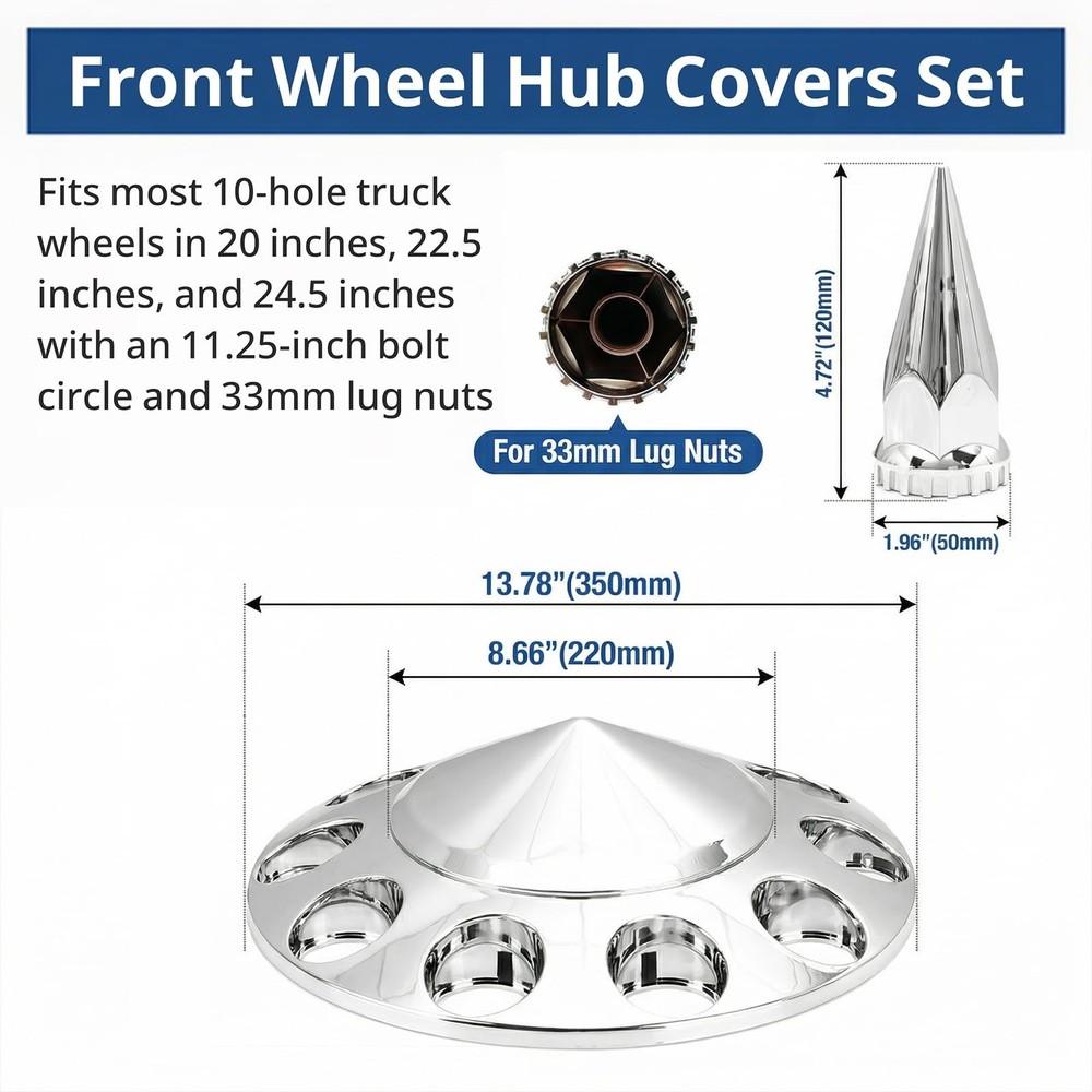 High Soar Chrome Front Hub Covers Set ABS with 33mm Spiked Thread-on Cone Lug...