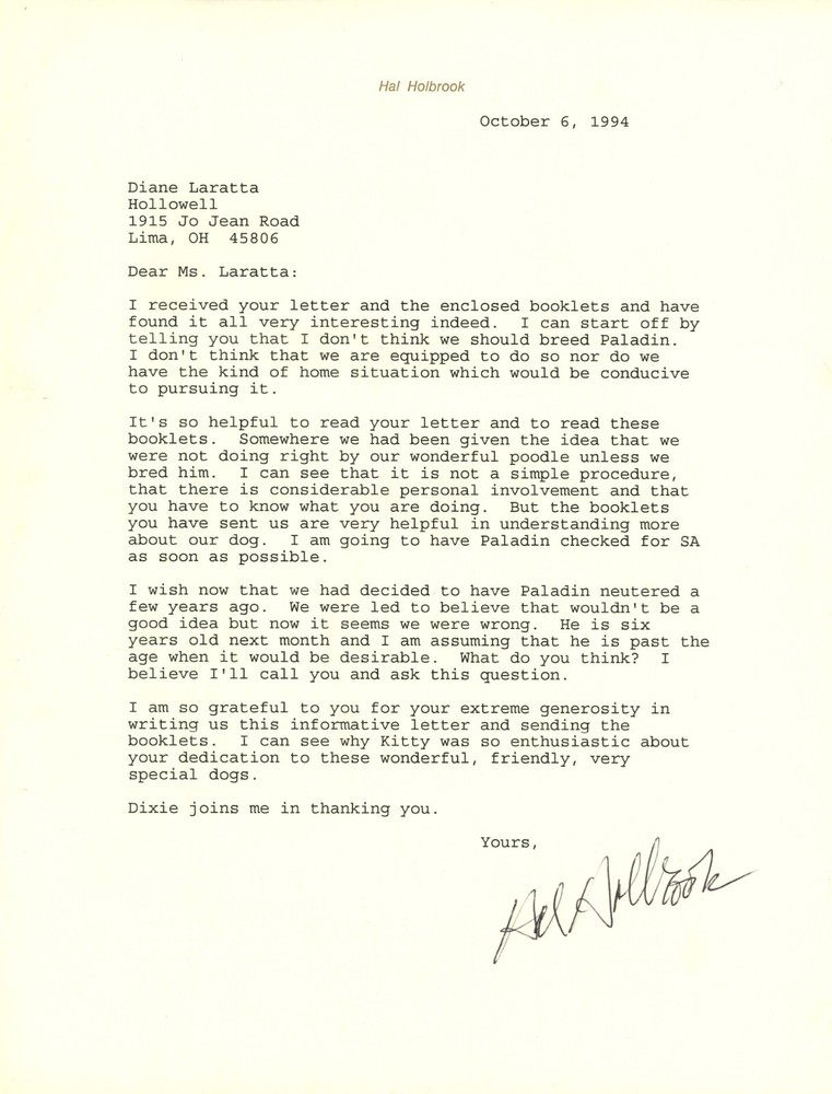 Hal Holbrook Signed Letter