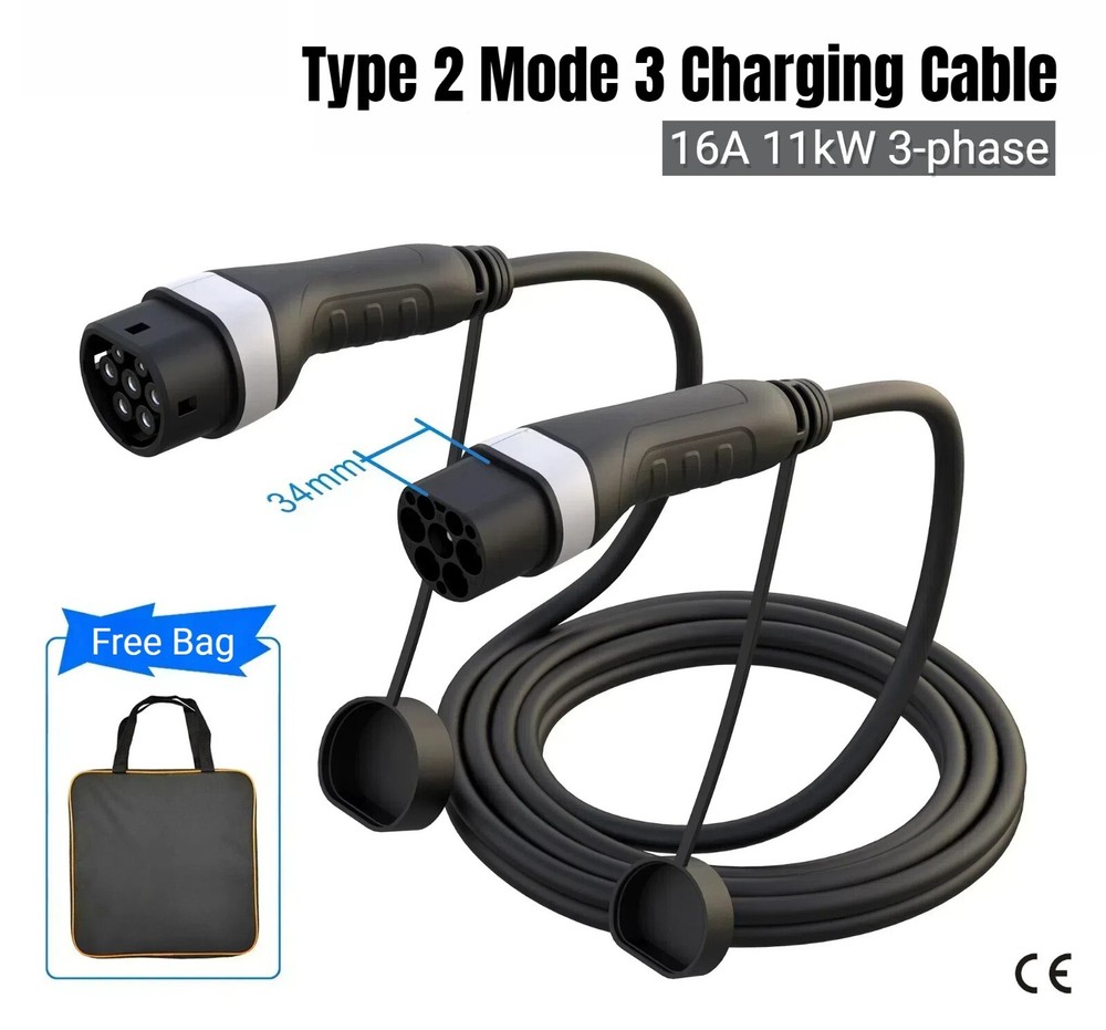 Type 2 to Type 2 EV Charging Cable | Mode 3 EV Extension Cord | 16A 11kW 3-Phase