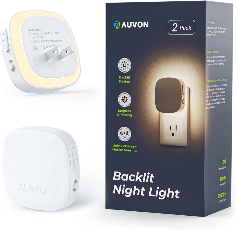 Plug-In LED Backlit Night Light with Motion Sensor & Dusk to Dawn Sensor, Dimmab