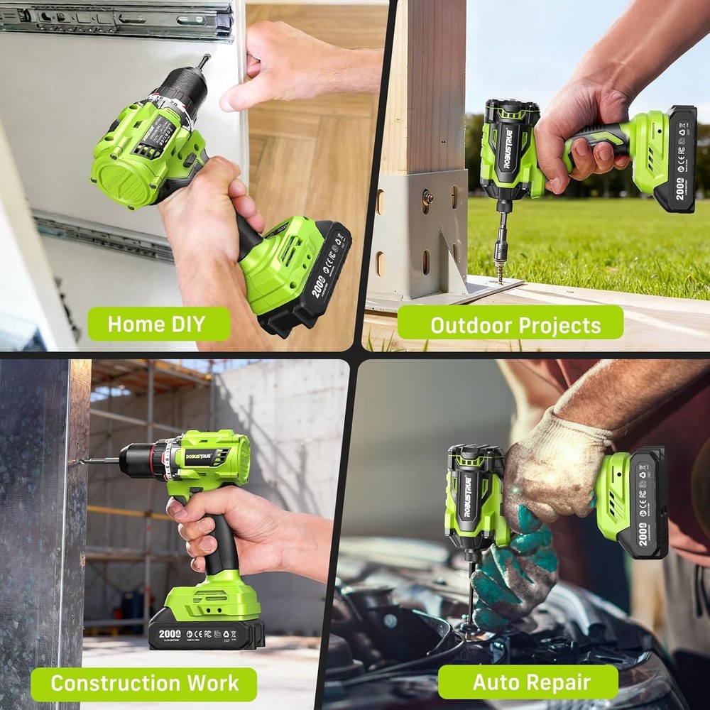 21V Cordless Power Tool Combo Drill & Impact Driver Set 2 Batteries 16PC Bits