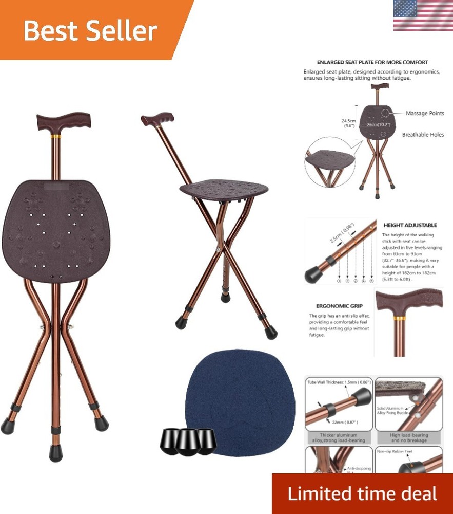 Adjustable Cane with Seat - 265 lbs Capacity, Folding Mobility Aid for Men