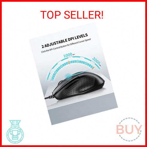TECKNET USB Wired Mouse, 6-Button Corded Mouse with 2 Adjustable DPI, Optical Co