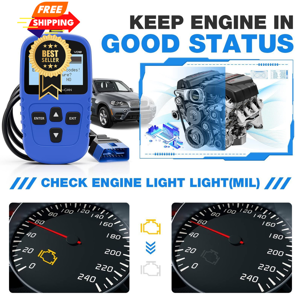 VDIAGTOOL VD10 OBD2 Scanner Code Reader Car Diagnostic Tool Engine Fault Blue