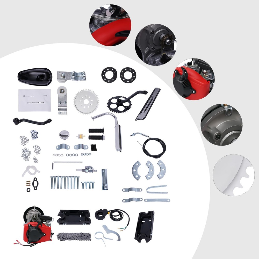 49CC 4-Stroke Bike Engine Kit Pull Start Air Cooled Belt for 26 Inch Frames