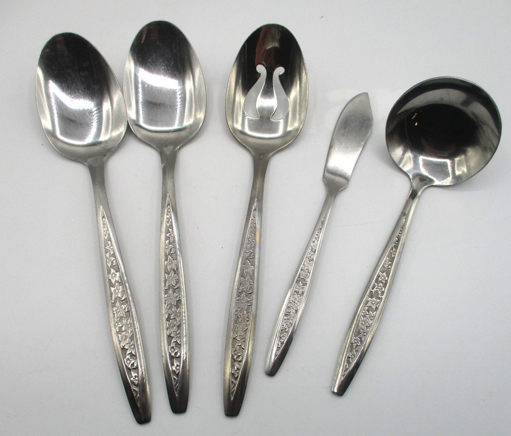 48 PCS CUSTOMCRAFT "CUS5" STAINLESS FLATWARE with MCM FLORAL HANDLE
