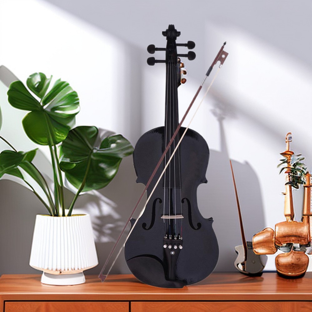 Black 4/4 Full Size Solid Wood Violin Set w/ EQ, Shoulder Rest, Electronic Tuner