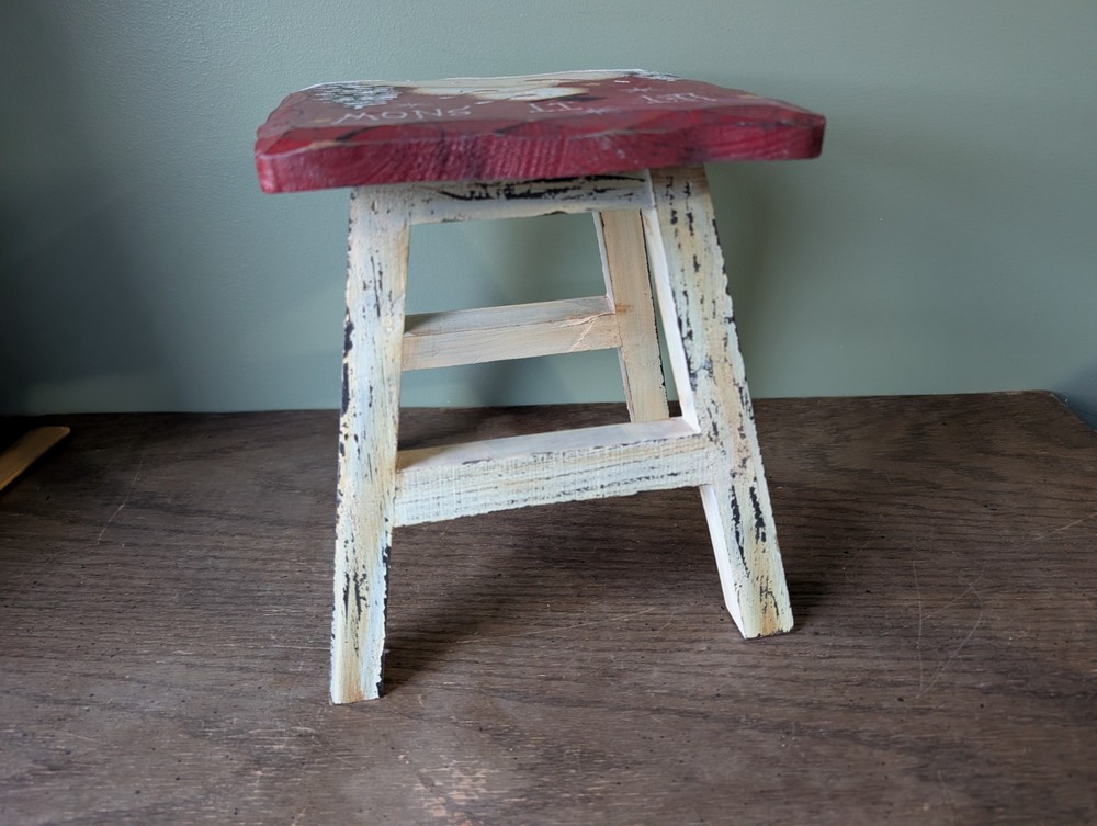 Snowman Christmas 'Let It Snow' Stool Hand Painted Primative Rustic Distressed