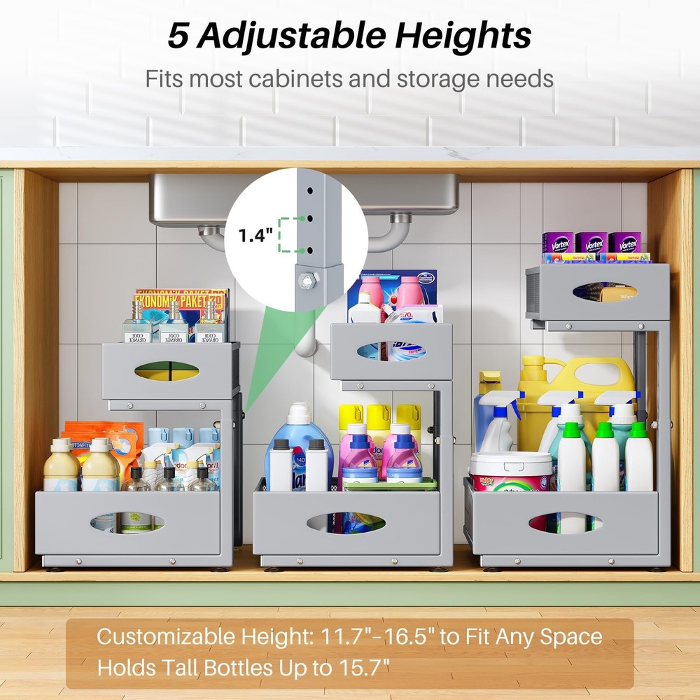 Under Sink Organizer, 2-Pack Pull Out Cabinet Organizer 2 (XL), Grey