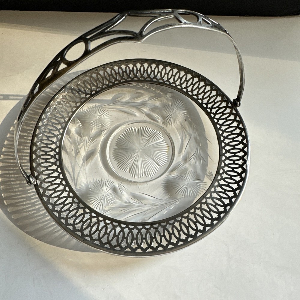 Webster Antique Sterling Silver Cut Glass Basket Candy Dish Folding Handle 5"