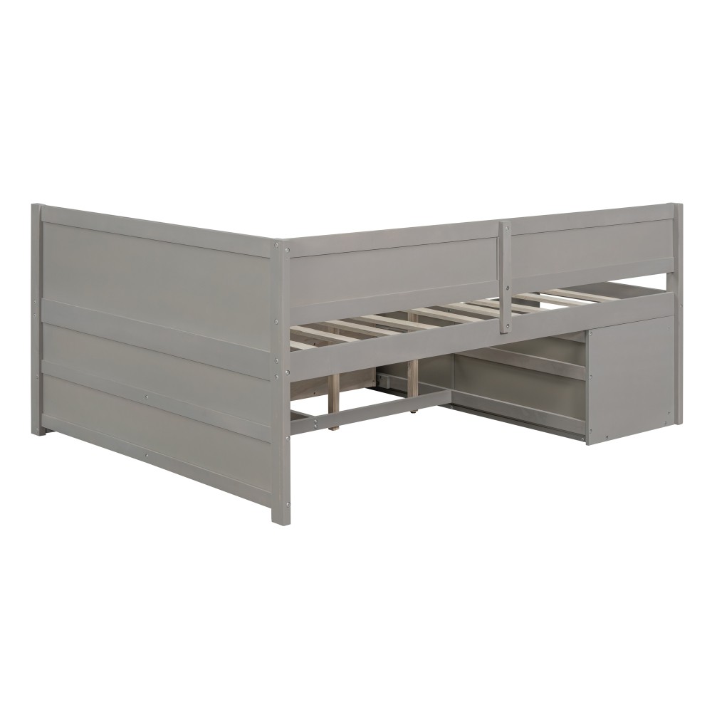 Full Size Daybed w/ Drawers & Shelves, Solid Wood Frame, Gray