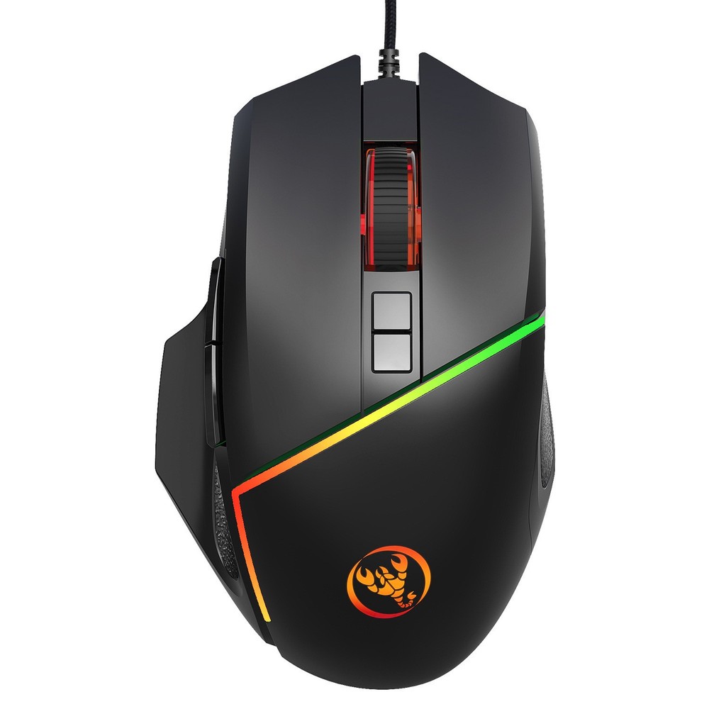 A876 wired gaming mouse with colorful synchronized lighting, 6400dpi adjustable
