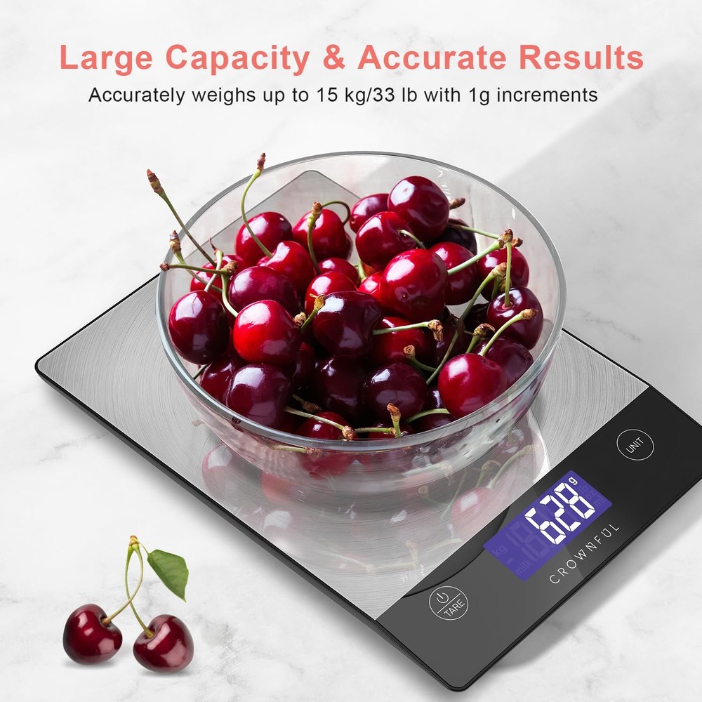 Rechargeable Digital Kitchen Scale 33lb Stainless Steel Grams Ounces