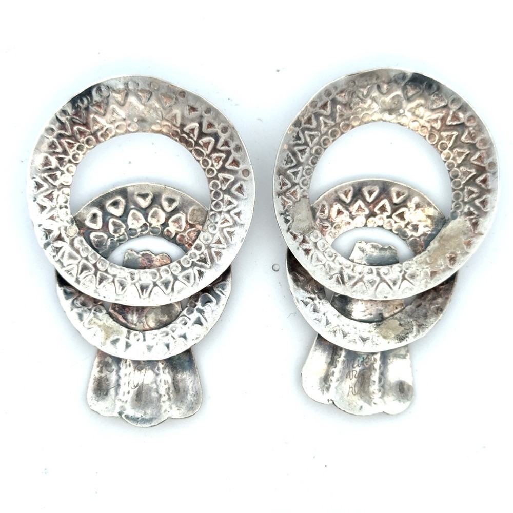 Native American Designer 925 Sterling Silver Etched Circle Statement Earrings