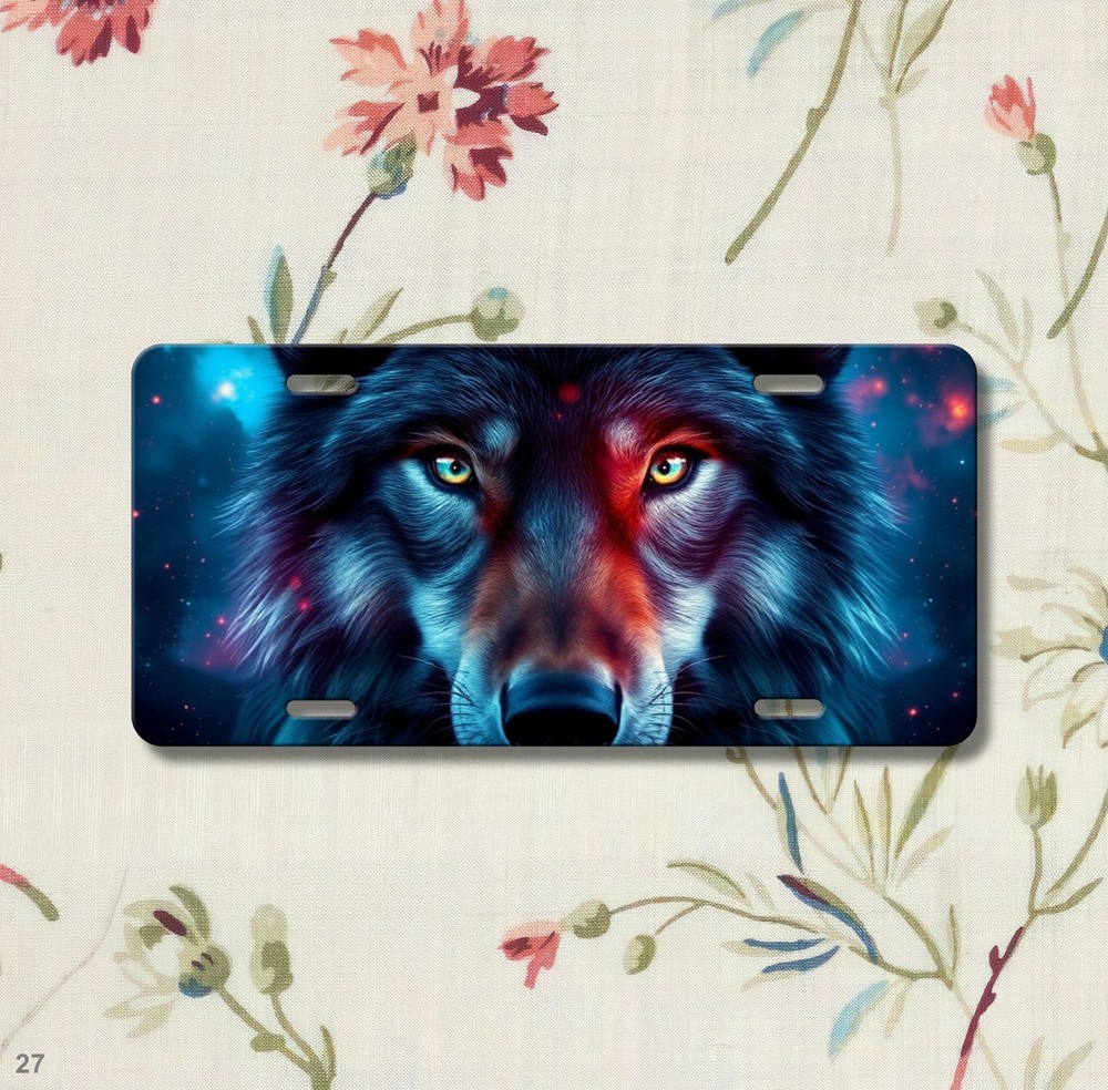 Realistic Wolf License Plate Optional Text Auto Tag Unique Gift