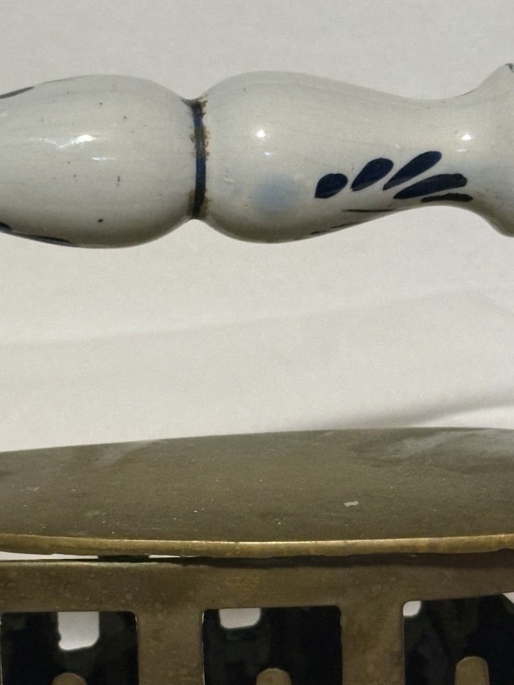 Antique Solid Brass Coal Iron Pottery Handle Dutch Delft White And Blue Handle