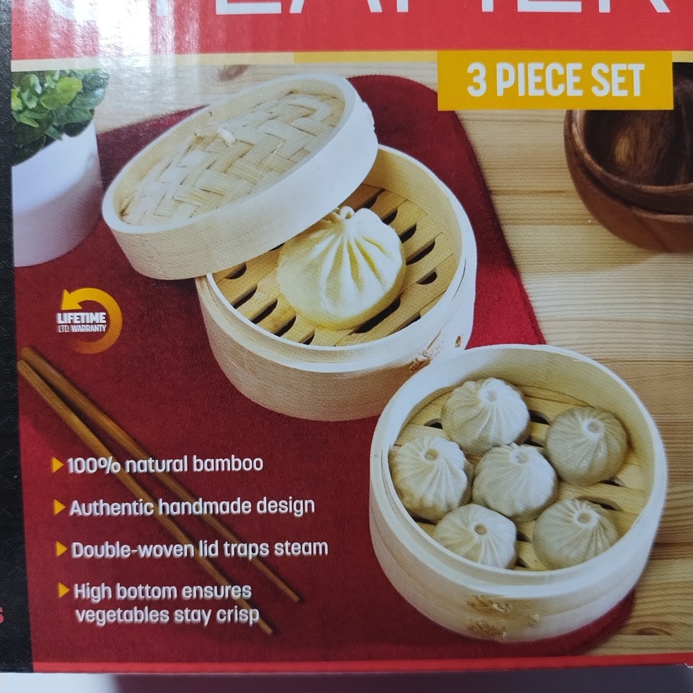 Joyce Chen 2-Tier 3-pc Bamboo Steamer 6" Natural Authentic Asian Kitchenware