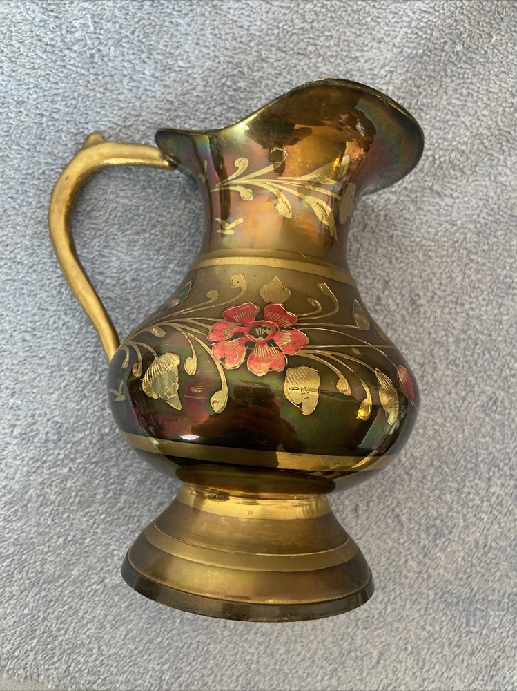 Vintage Hand-Painted copper Water Pitcher 6 “ tall