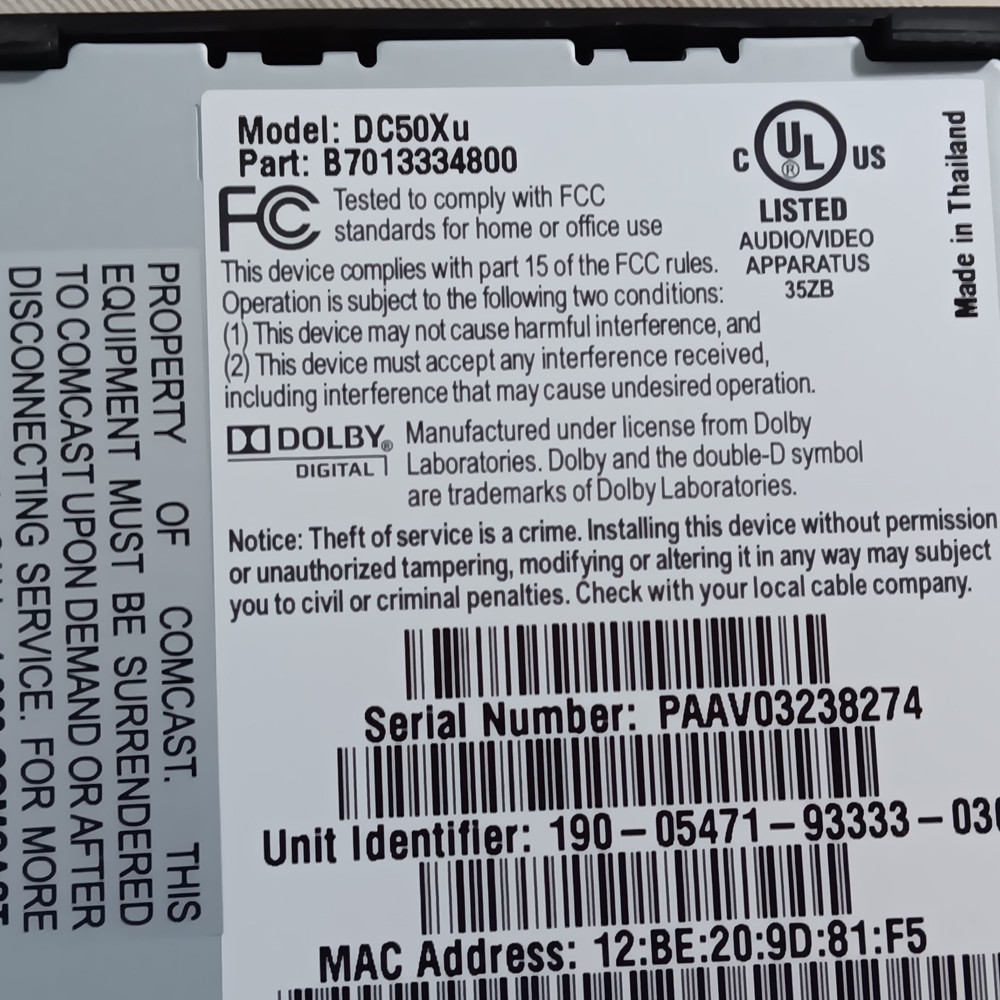 Comcast Digital Transport Adaptor Kit Model # DC5oXu