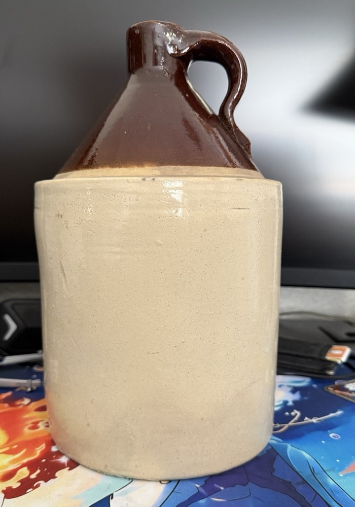 Brown Beige Glazed Stoneware Moonshine Jug with Handle Solid Round Pattern