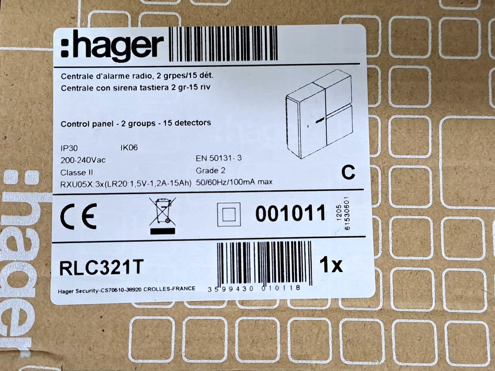 HAGER RLC321T CONTROL PANEL -2GROUPS -15 DETECTORS