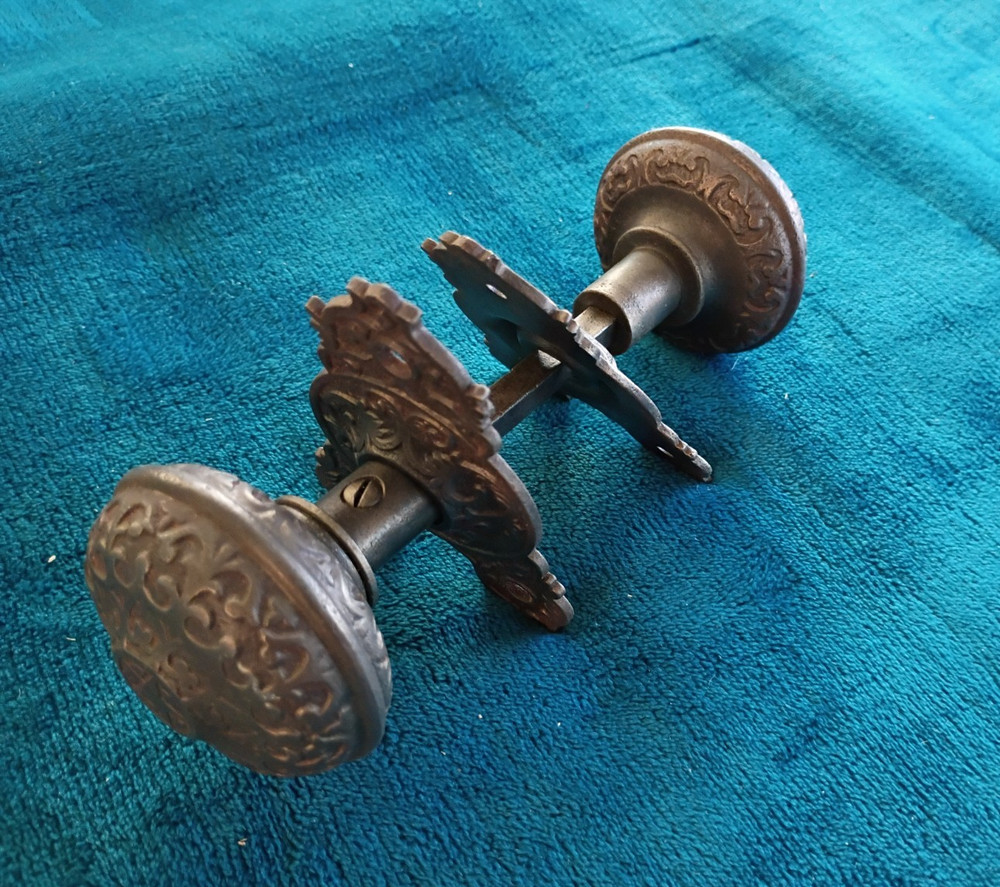 Antique Cast Iron Door Knobs & Back Plates Set .