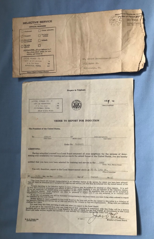 WWII Original Documents Pittsburgh PA Local Board #17 Classification Induction