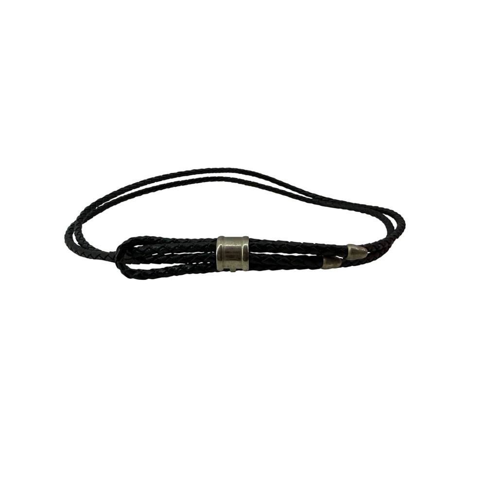 Black Braided Leather Hat Band Silvertone Hardware