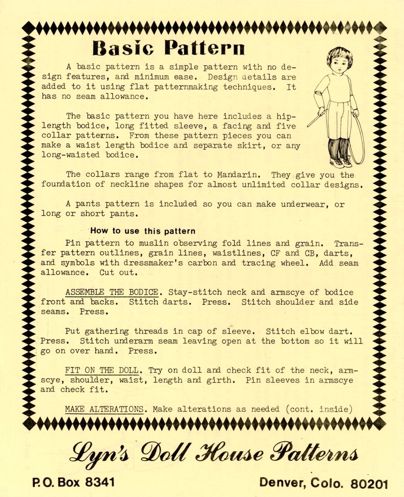 BASIC PATTERN 27" - 28" Child Doll & Underwear - Lyn's Doll House Patterns UNCUT