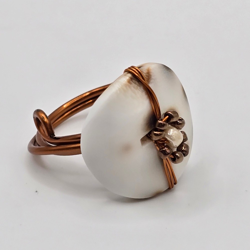 Handmade Shell Wire Wrapped Ring Women Size 8.5 White Brown Copper Boho