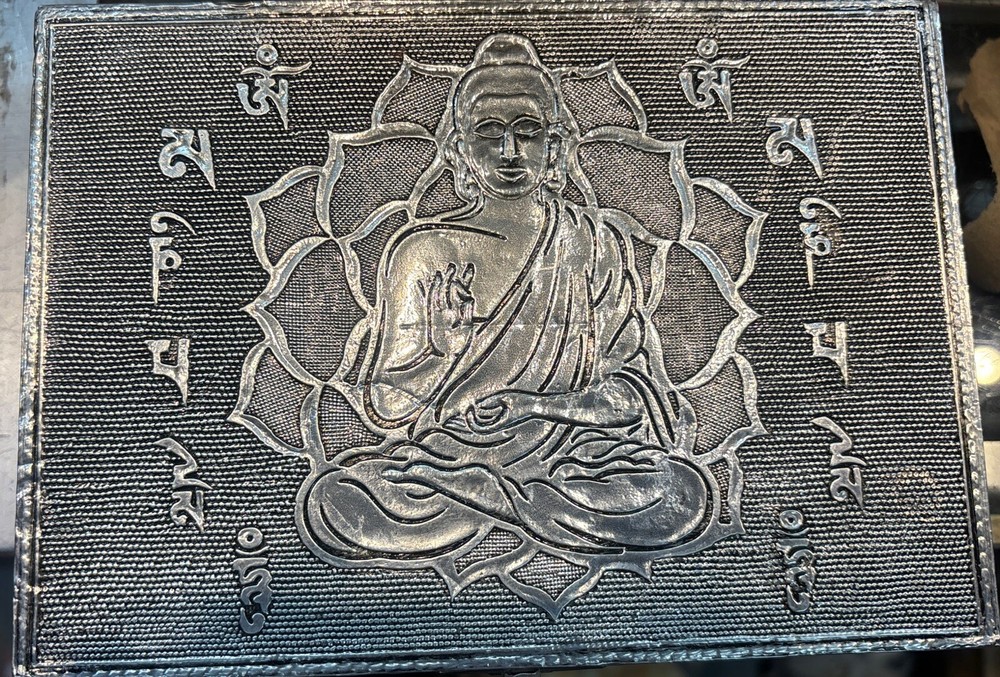 Silver colored Lined tarot card box with Buddha On It