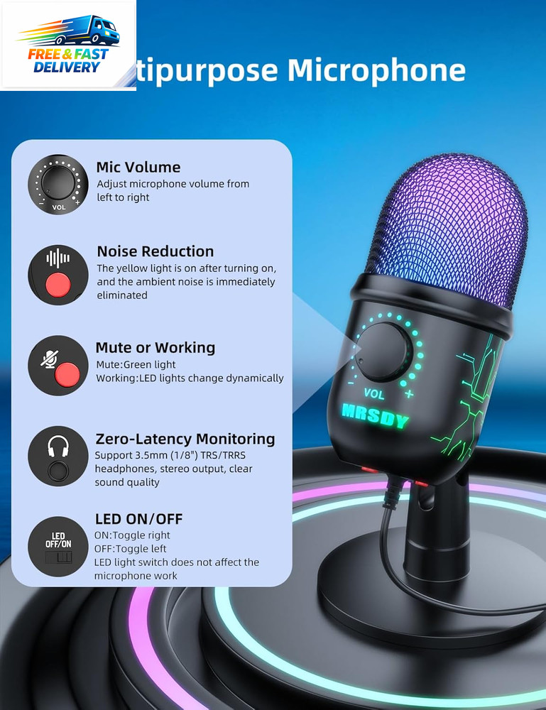 Gaming Microphone, USB Computer Microphone for PC, Mac, /5, Condenser Podcast Mi